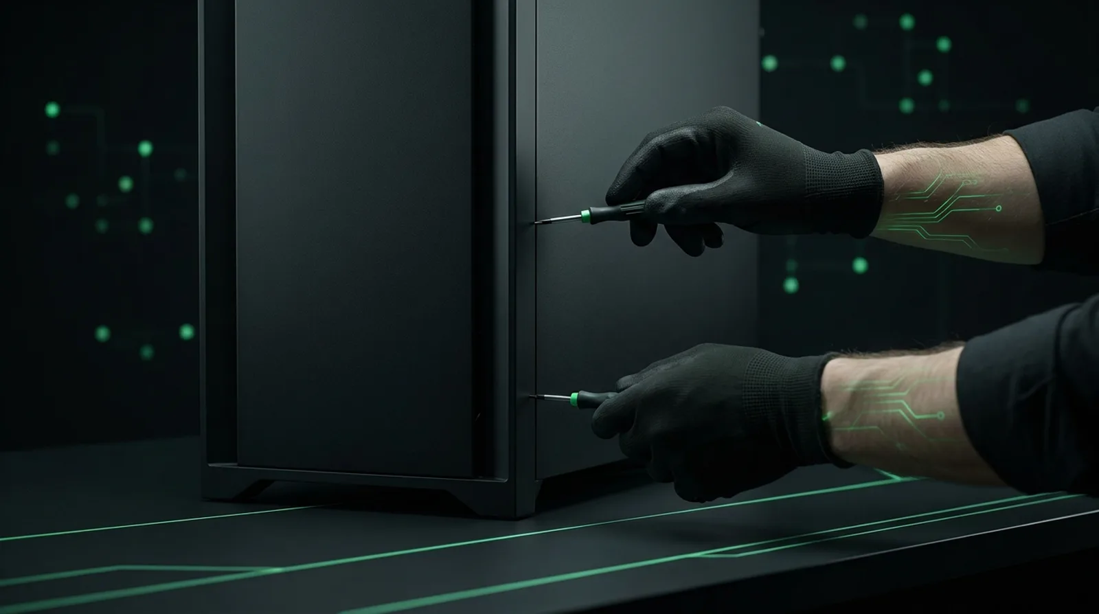 Technician working inside a workstation in green accent light