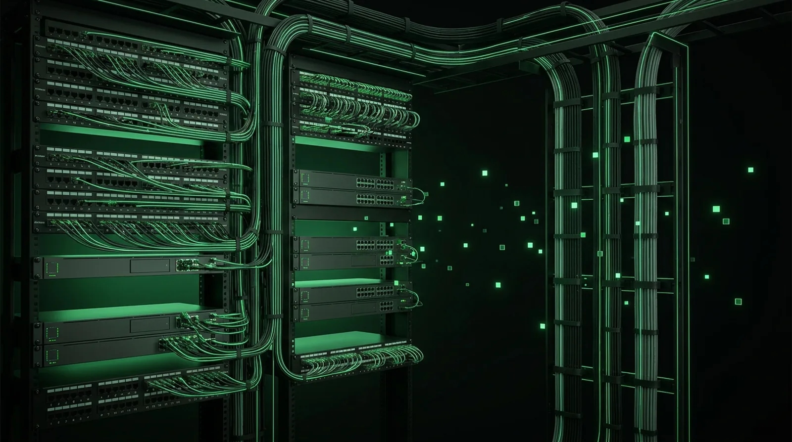 Structured cabling in a network closet with green trace lighting