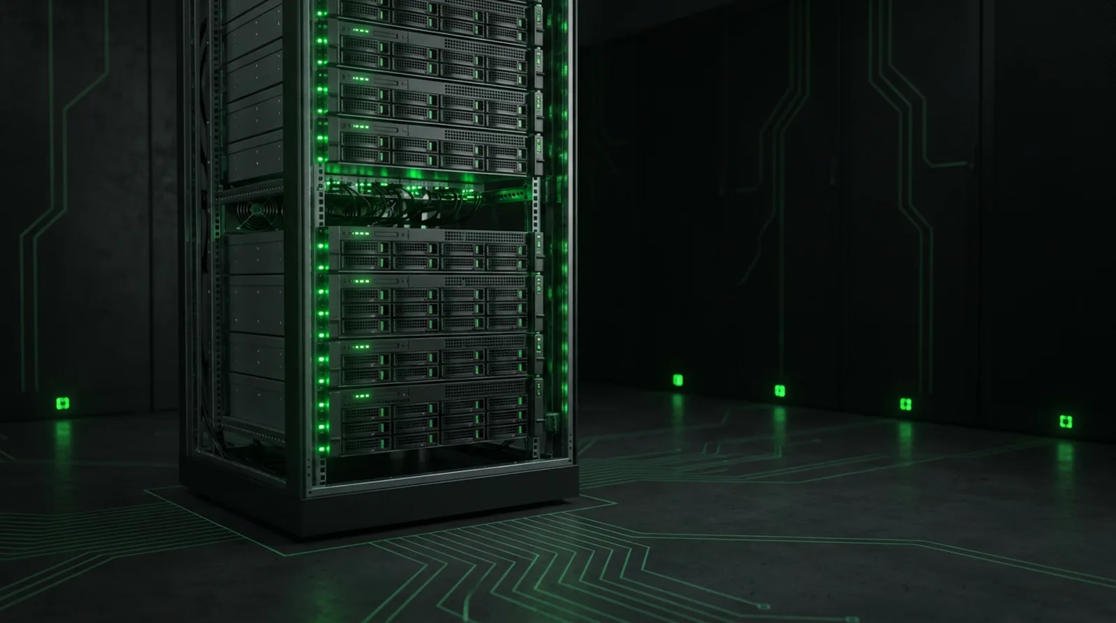 Open server rack with green accent LEDs