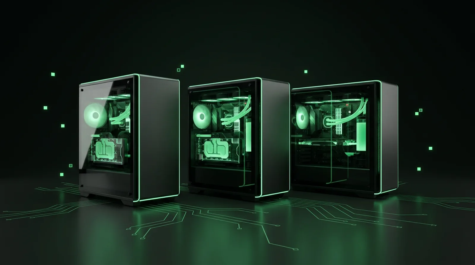 Lineup of unbranded computer towers with green accent lighting