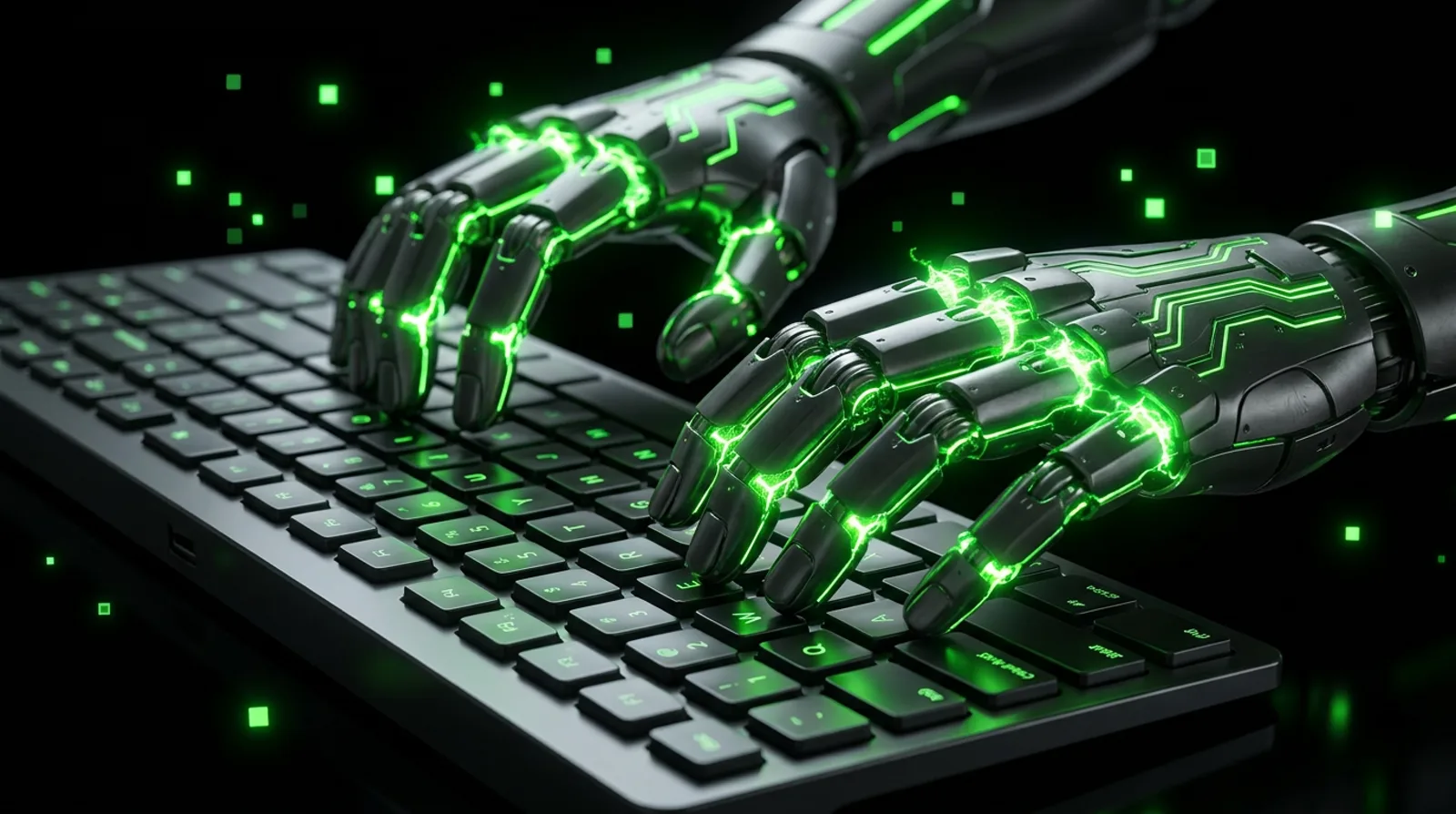 Circuit-traced hands at a keyboard